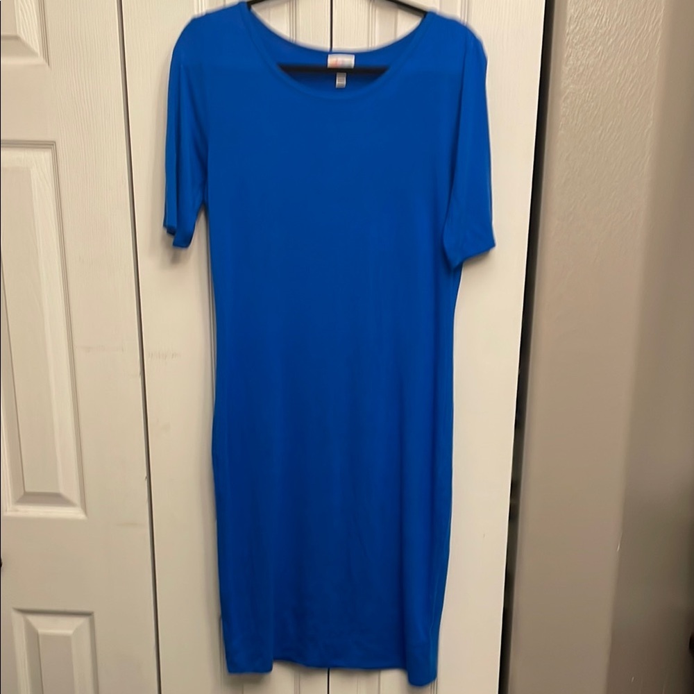 LuLaRoe Blue Ribbed Midi Dress with 3/4 Cuffed Sleeves